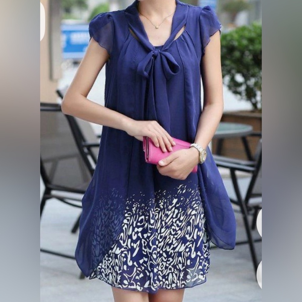 OASAP Elegant Blue Chiffon Dress with Bow Detail​